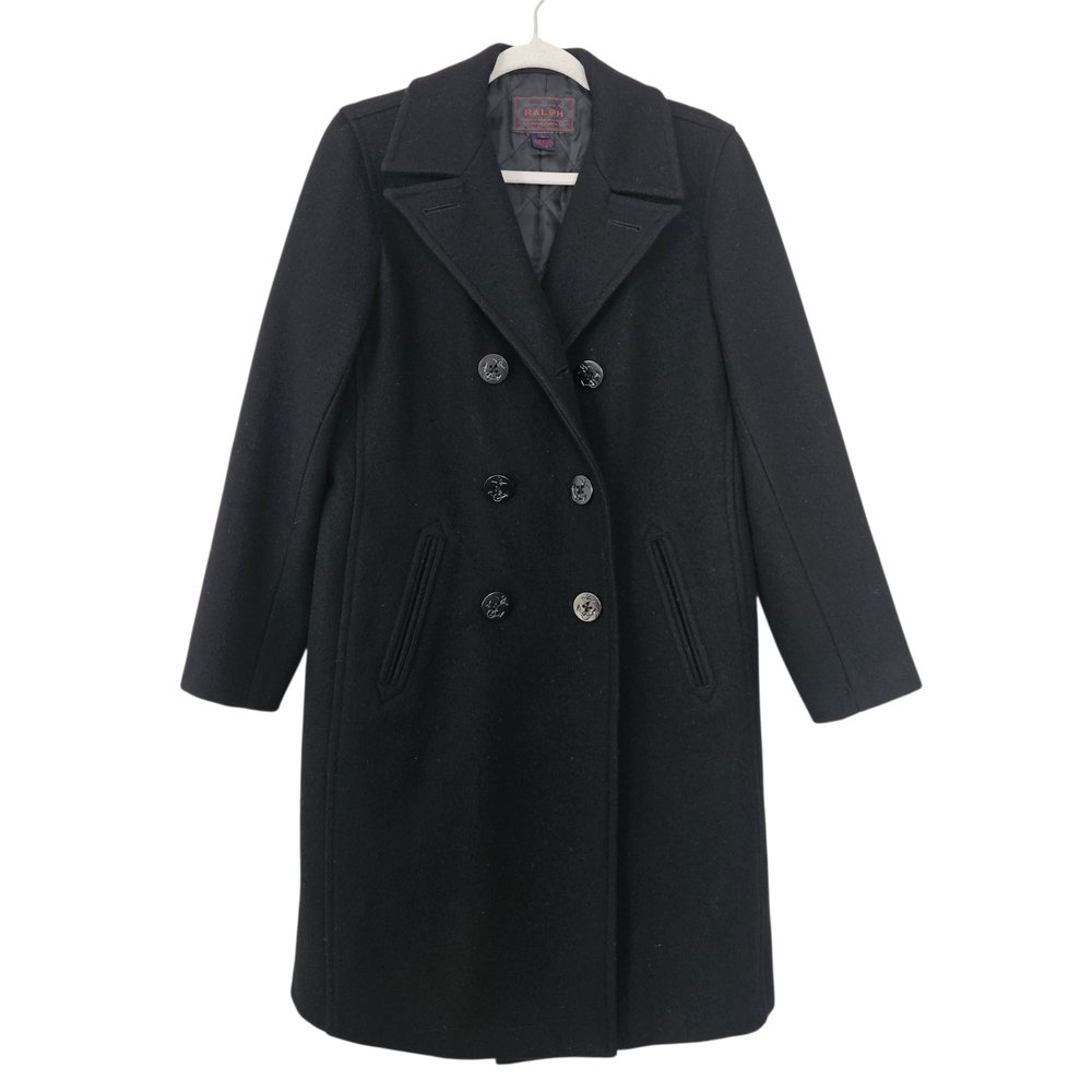 Ralph Lauren Black Double-Breasted Lambs Wool Pea Coat Size L